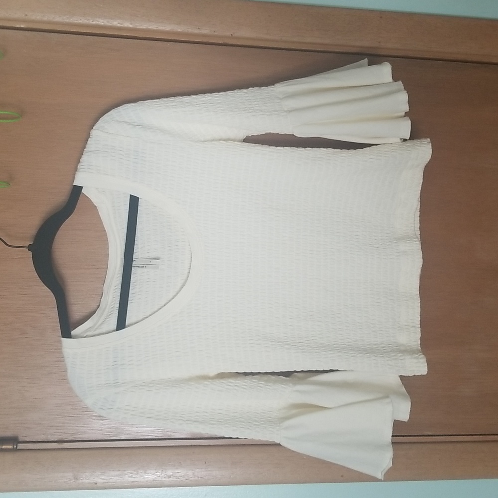 Anthropologie Ivory Smocked Bell Sleeve Top Shirt sz Small